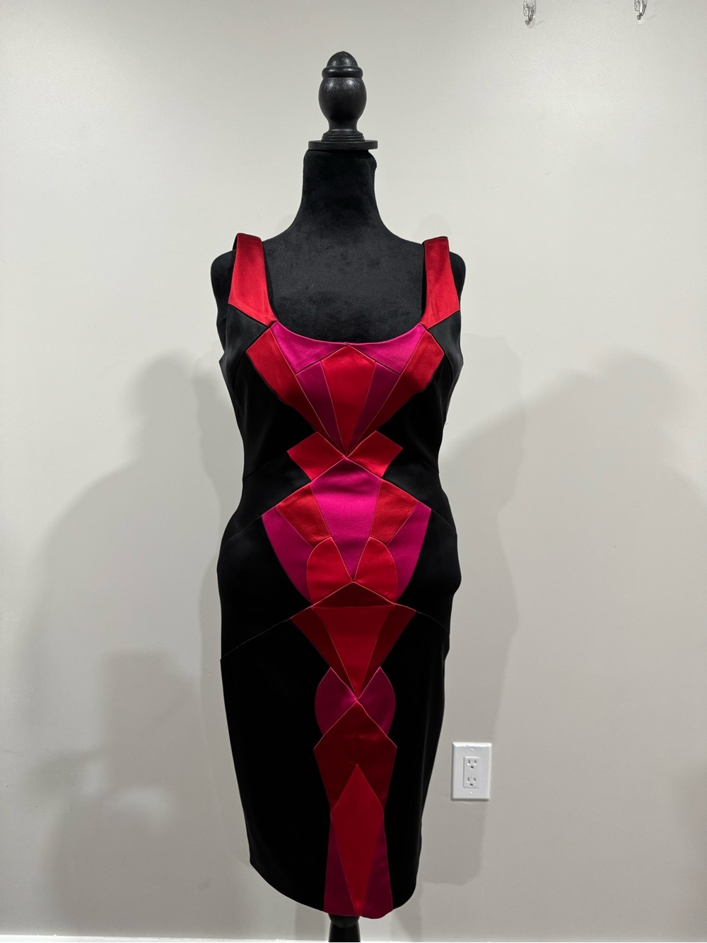 Jax Black Midi Dress with Red and Fuchsia Geometric Inset